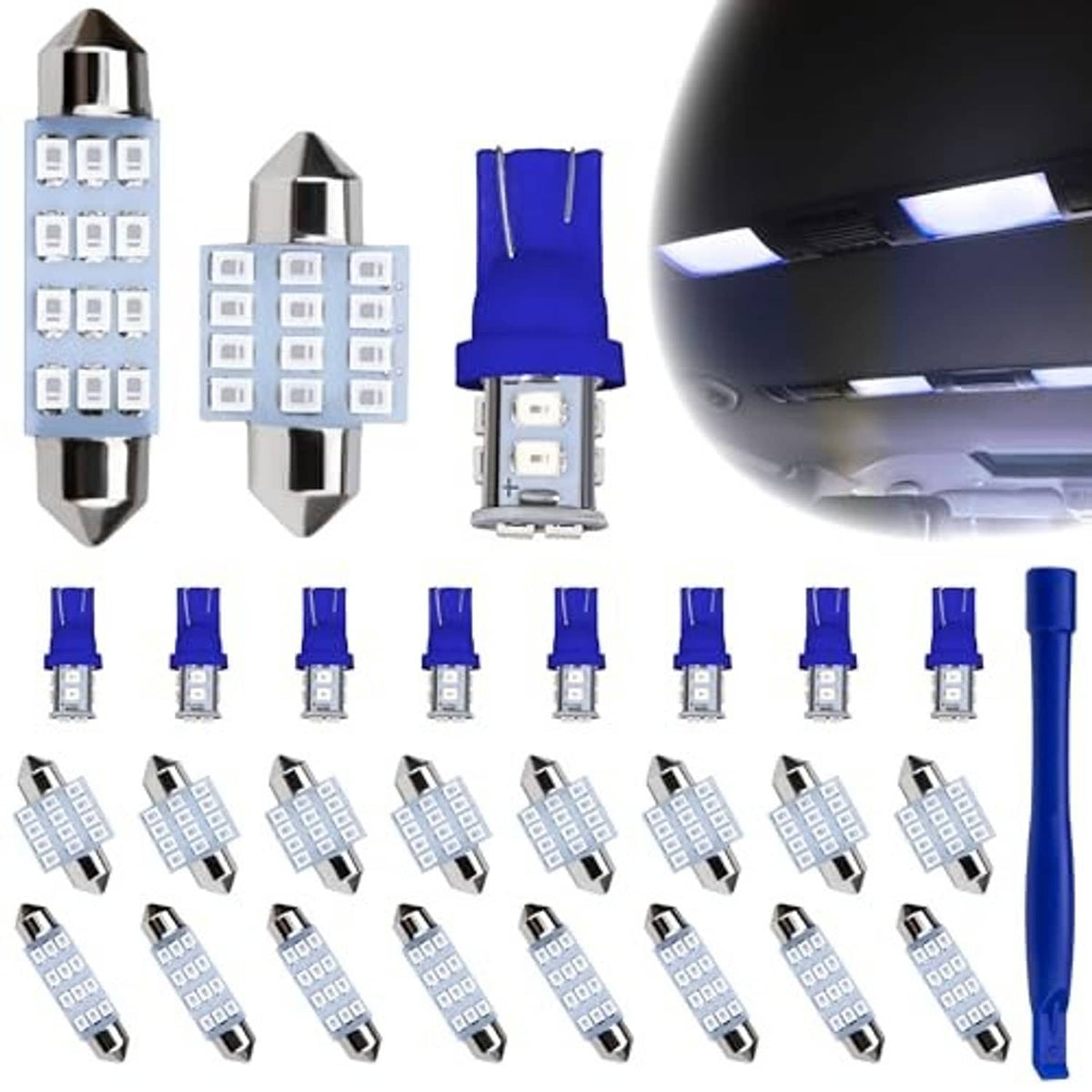 Bundle of blue LED dome light bulbs with white LED chips and a lit dome light fixture