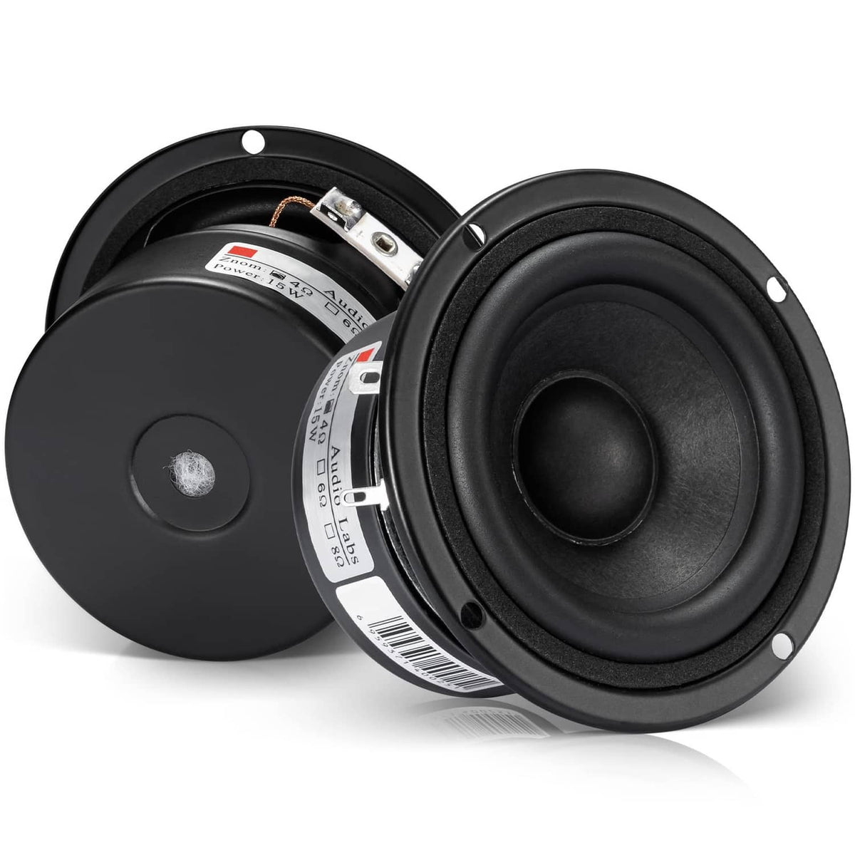 Black 3-inch full-range speaker woofer with open back plate and mounting screws