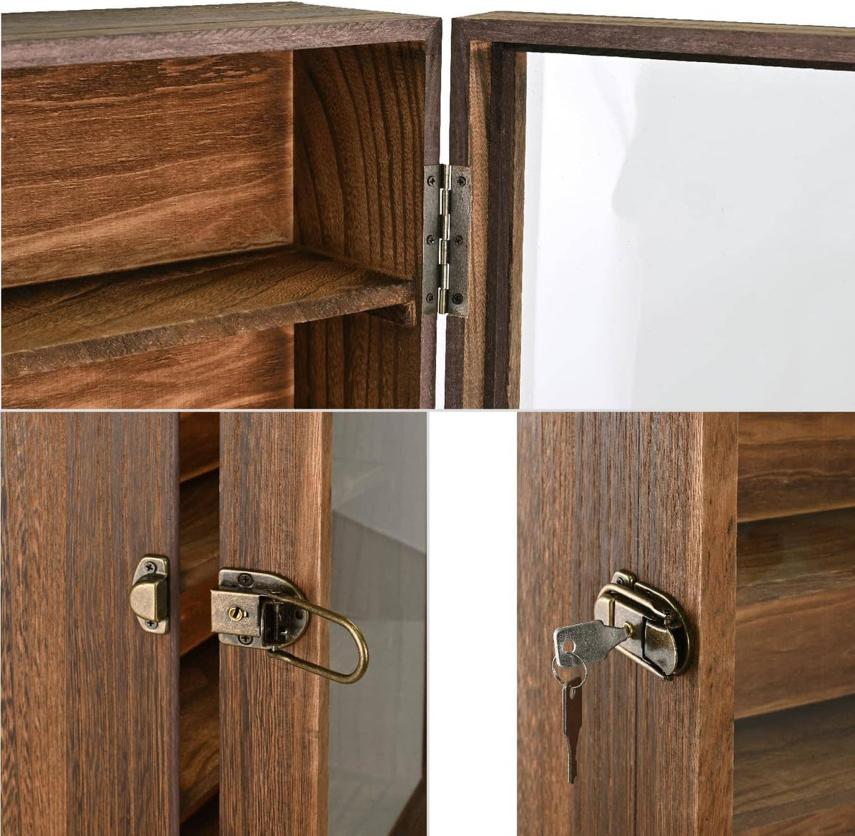 Wooden display cabinet hinge and lock mechanism close-ups with brass latch.
