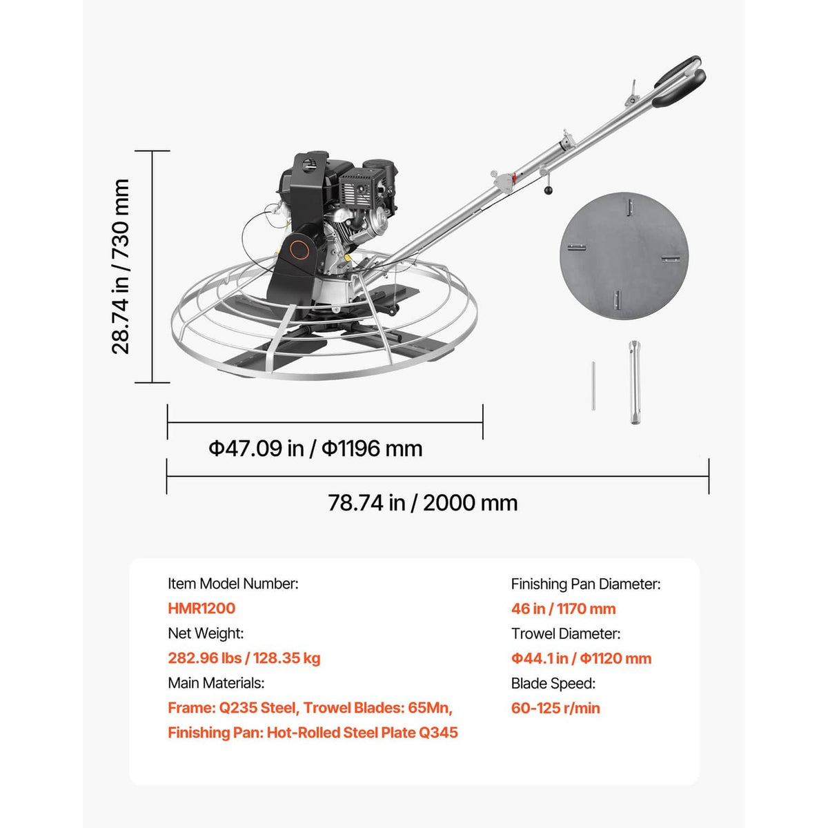 Gas concrete power trowel dimensions view with 46 in float pan and mounting frame