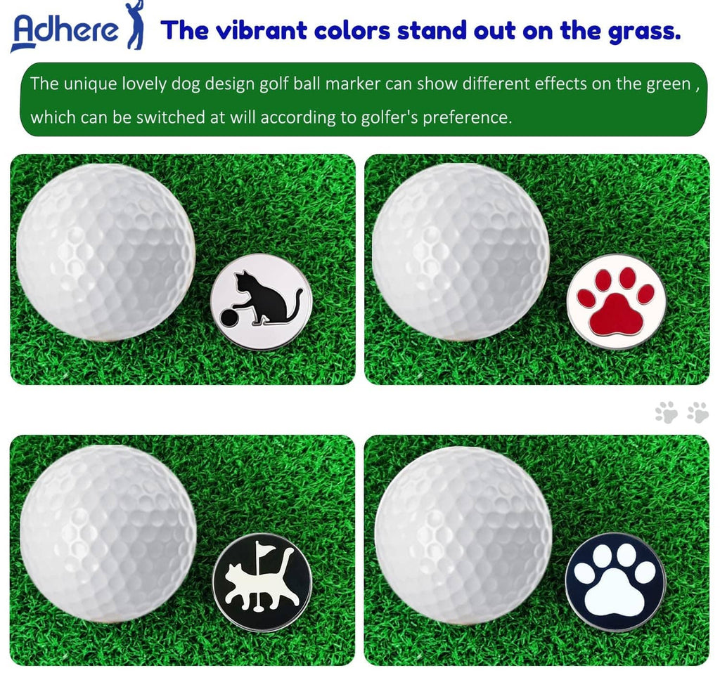 Golf ball markers with cat and paw icons, black shapes on white discs, four-pack