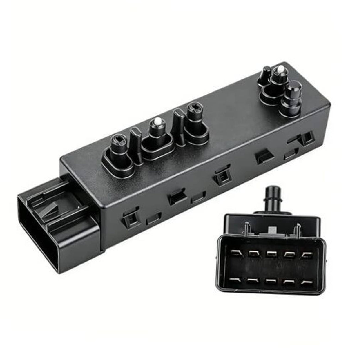 Black power seat switch module with multiple adjustment knobs and connector ports