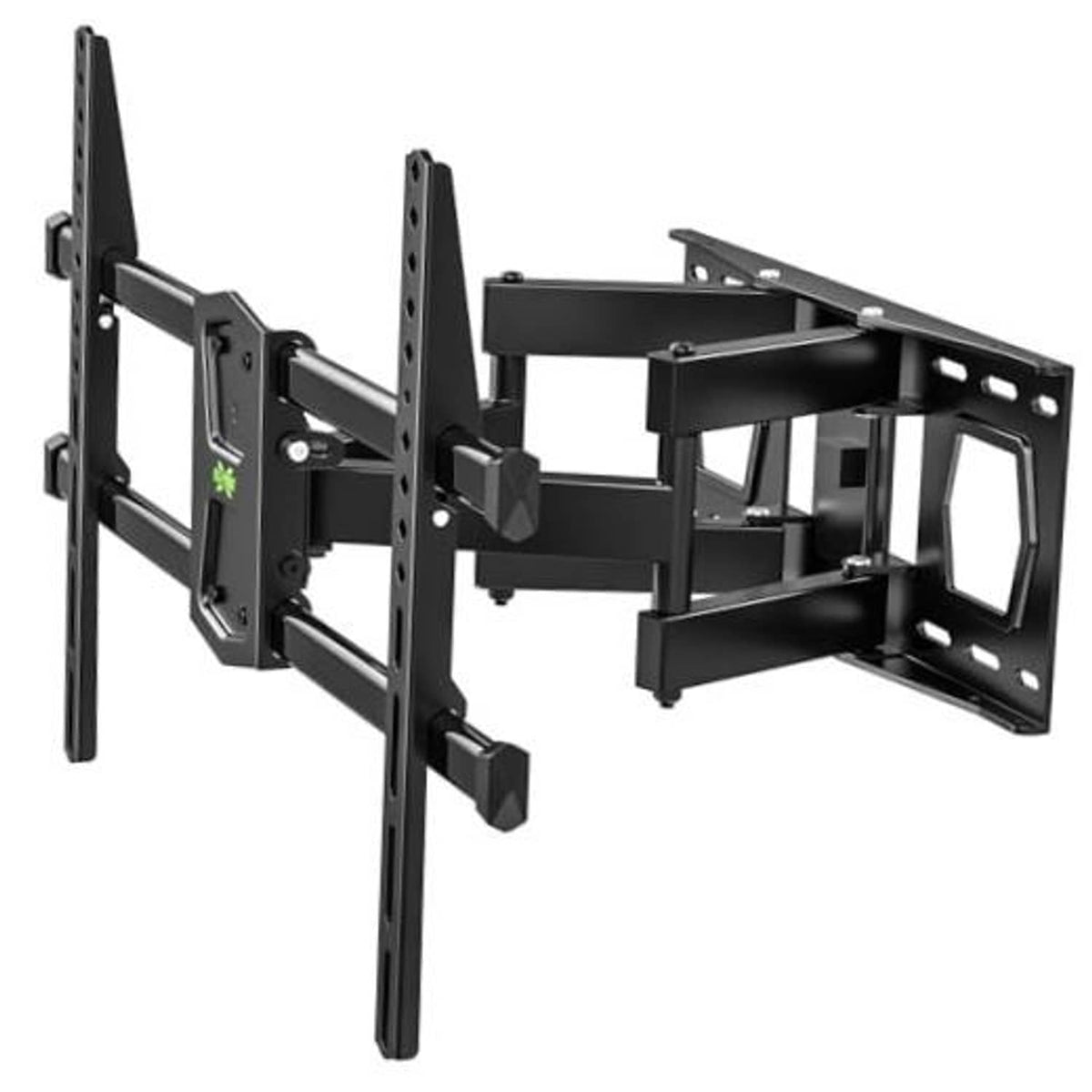 Full motion TV wall mount with black steel arms and mounting bracket, extended