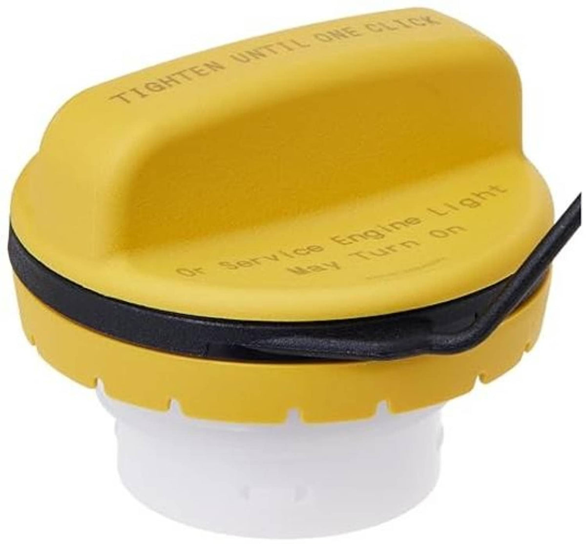 Yellow fuel tank filler cap with embossed markings and black sealing rim