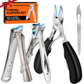 Toenail clipper set with silver blades and black handles, plus a metal nail file