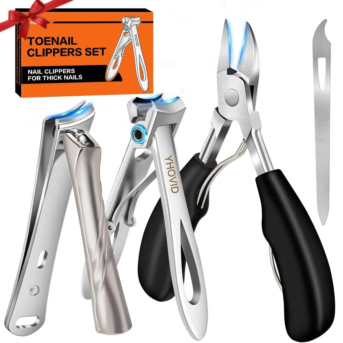 Toenail clipper set with silver blades and black handles, plus a metal nail file