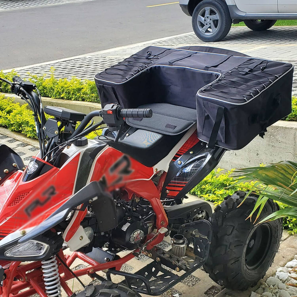 ATV rear rack storage bag with folded cushion pad, black waterproof-style cover
