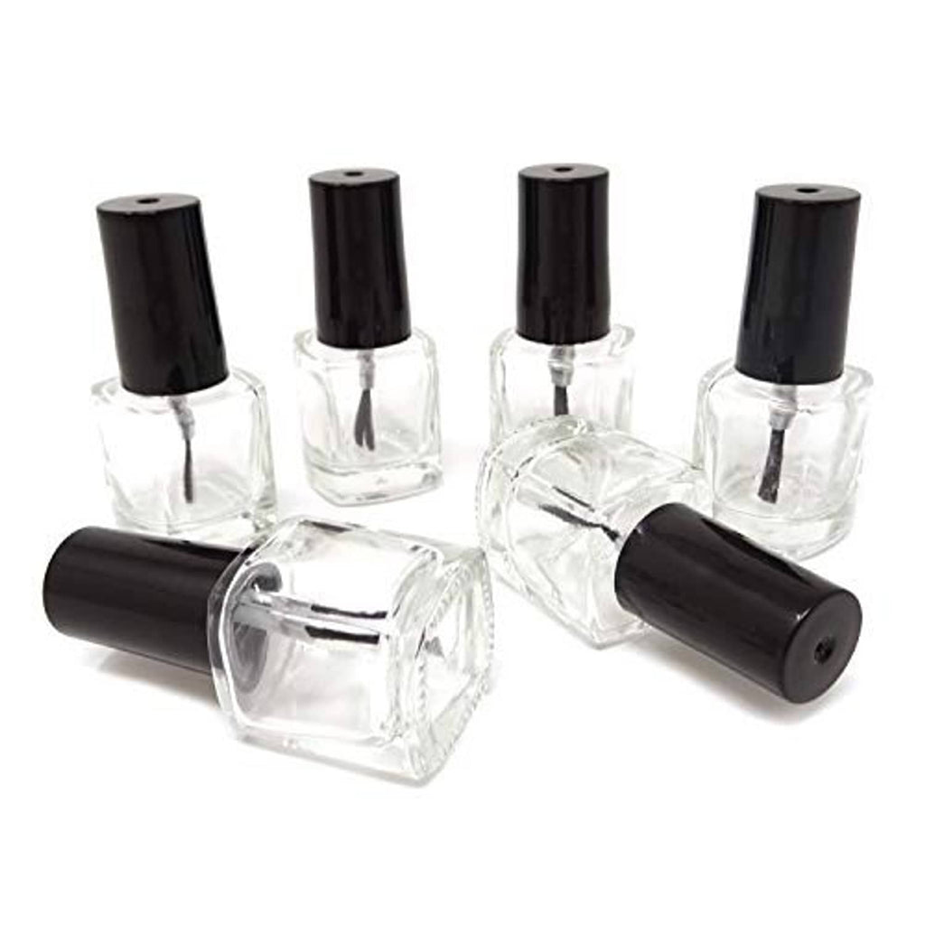 Empty clear 5ml nail polish glass bottles with black brush caps, set of 6