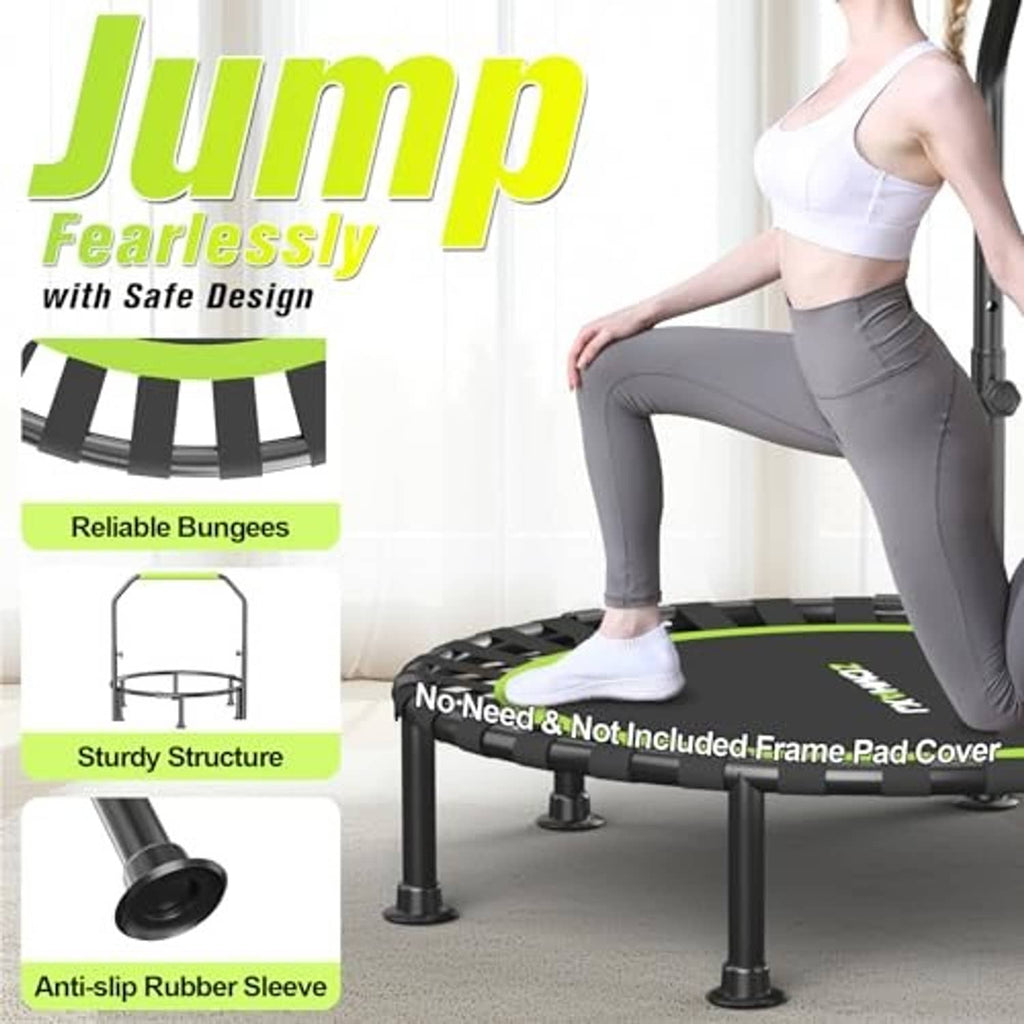 Foldable mini trampoline with green round mat and black legs, person stepping on the surface