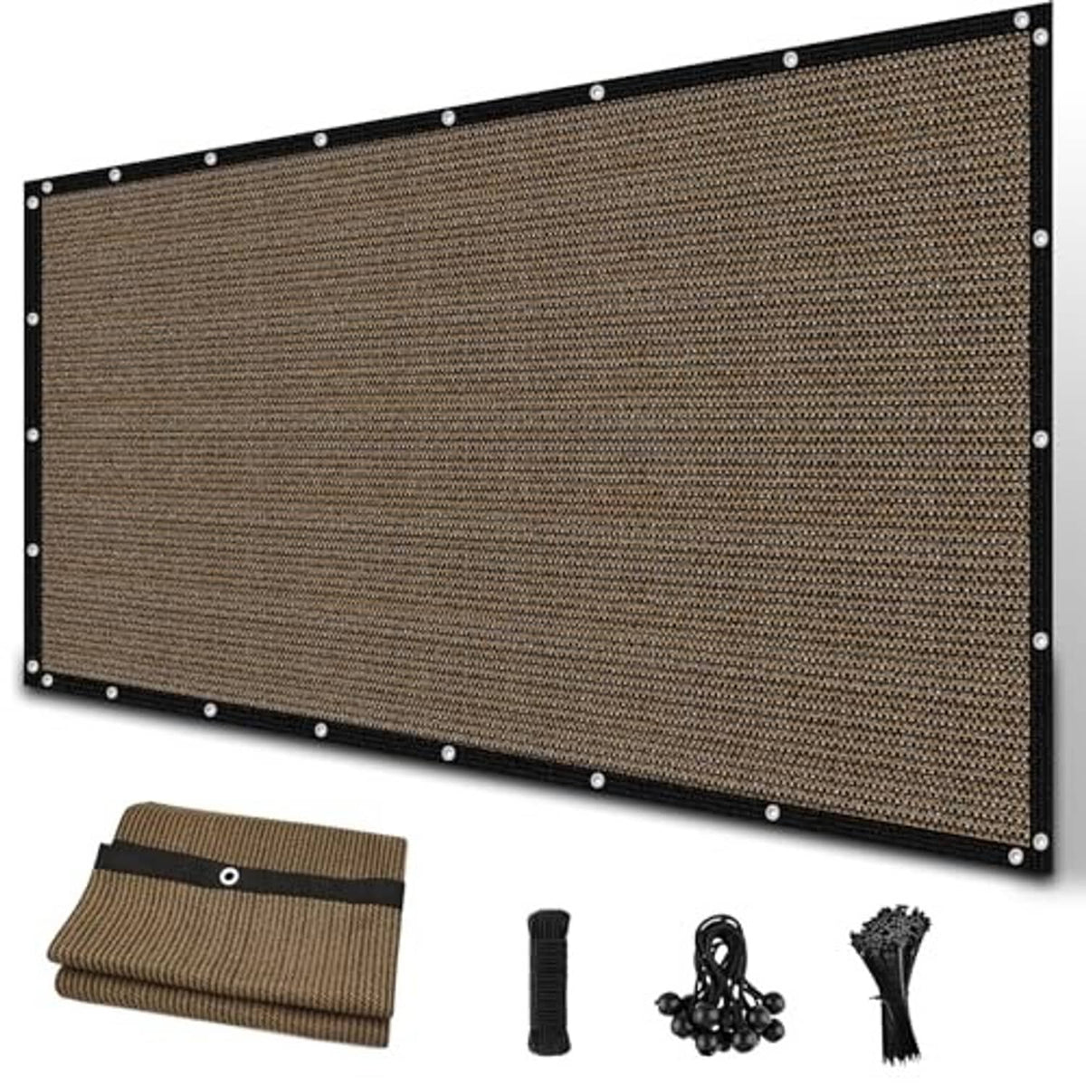 Woven sun shade cloth panel with metal grommets, plus folded cloth and rope kit