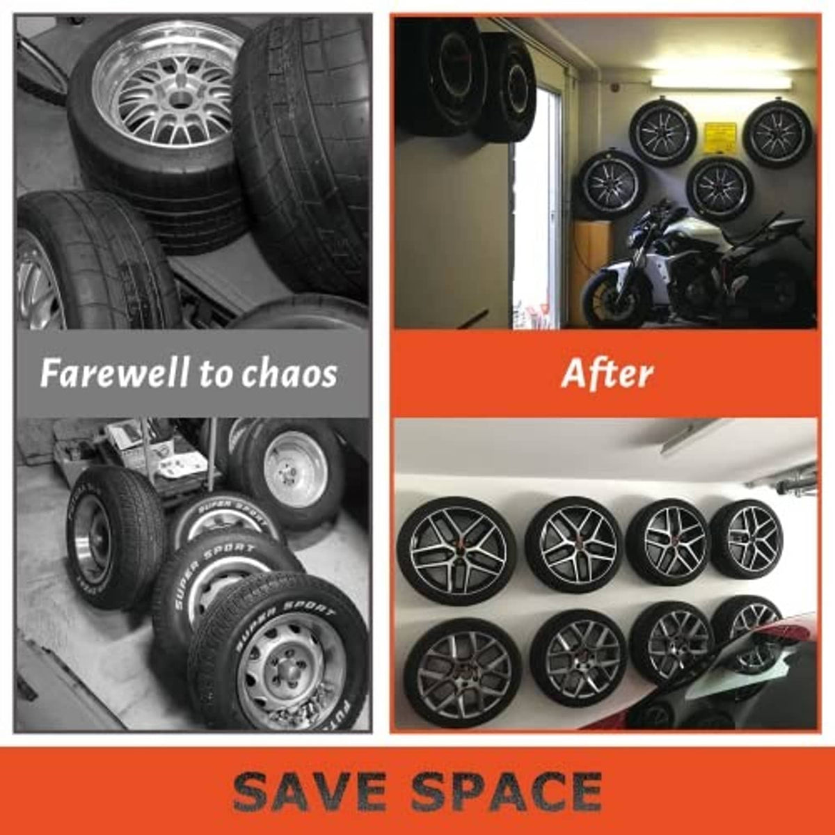 Mounted black tire hooks holding multiple tires on a wall for space saving storage.