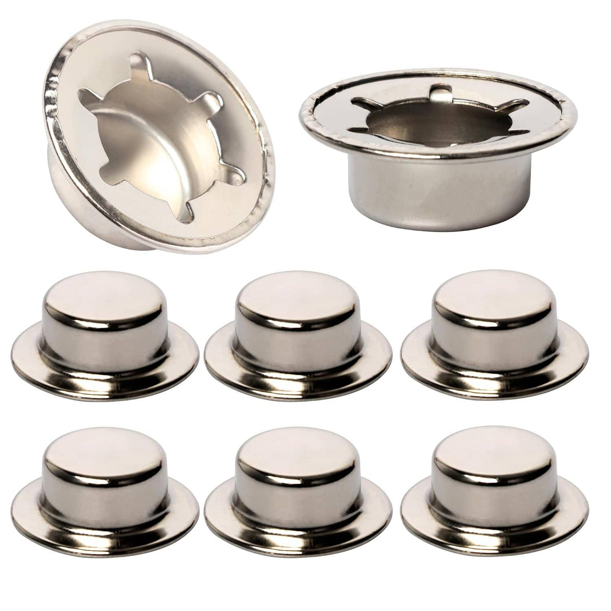 Silver push nut axle caps with round tops, multiple pieces arranged for a full set