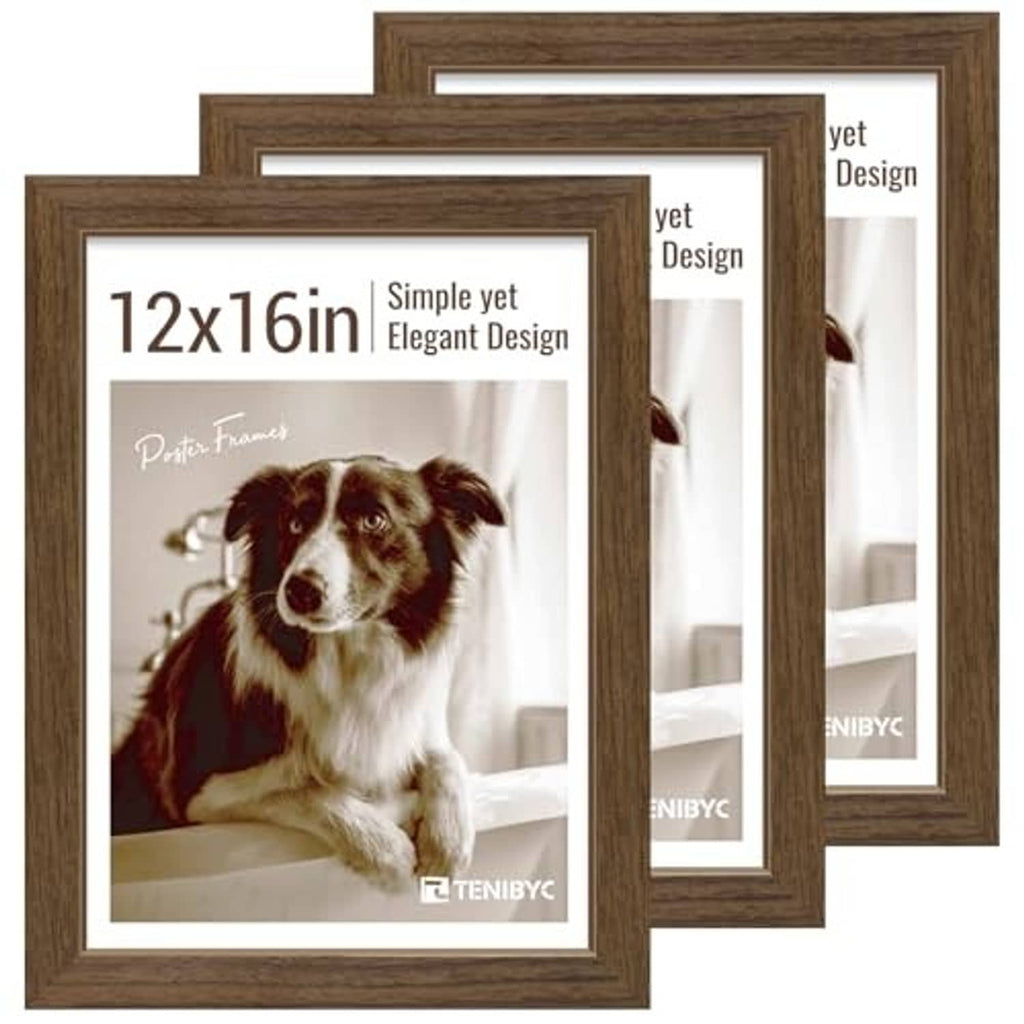 Brown woodgrain 12x16 picture frames, three-pack, angled front view with tempered glass