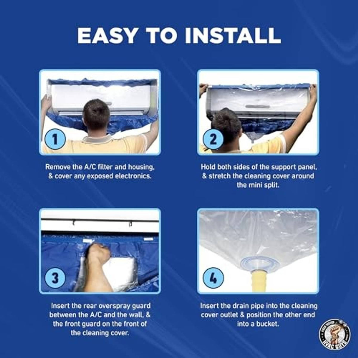 Blue mini-split cleaning cover bag with support panels and rear overspray guards