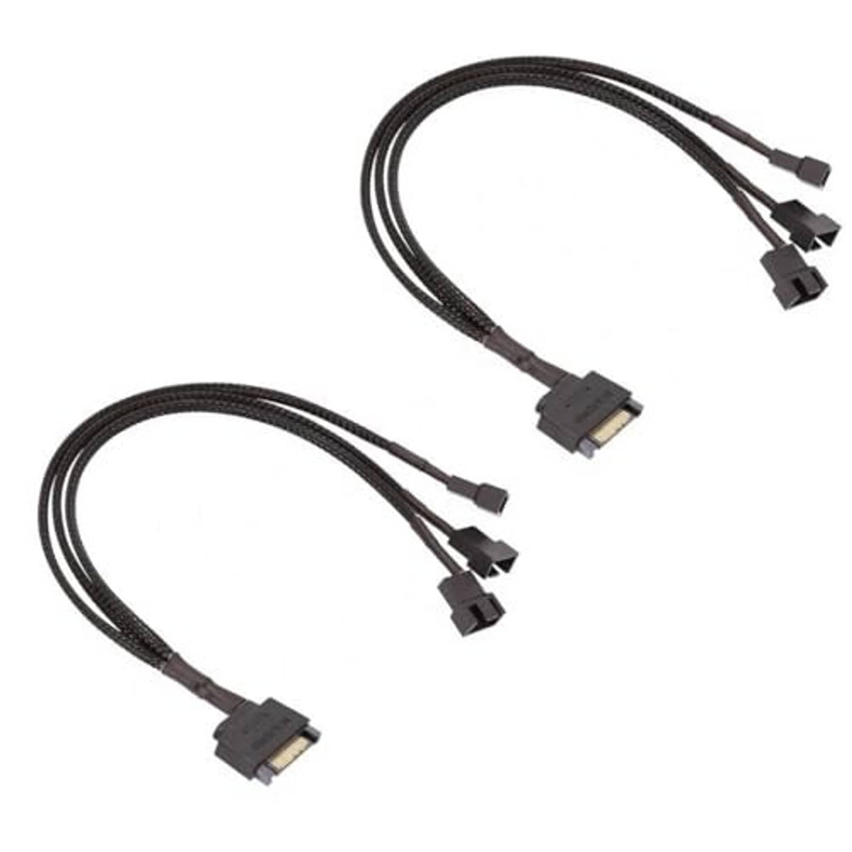 Two 15-pin SATA to 3-pin PC fan power adapter cables with black connectors