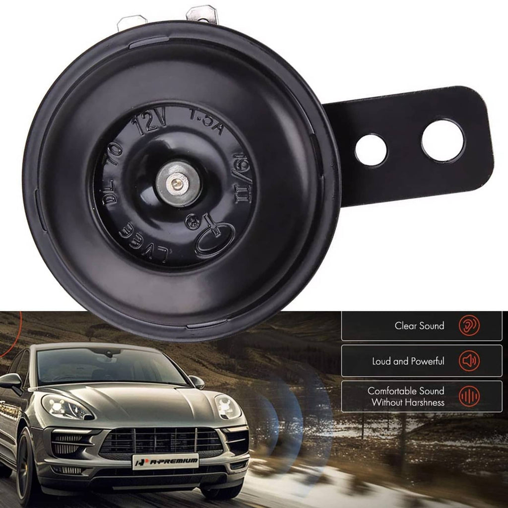 Black universal electric horn with round diaphragm and mounting bracket with two holes