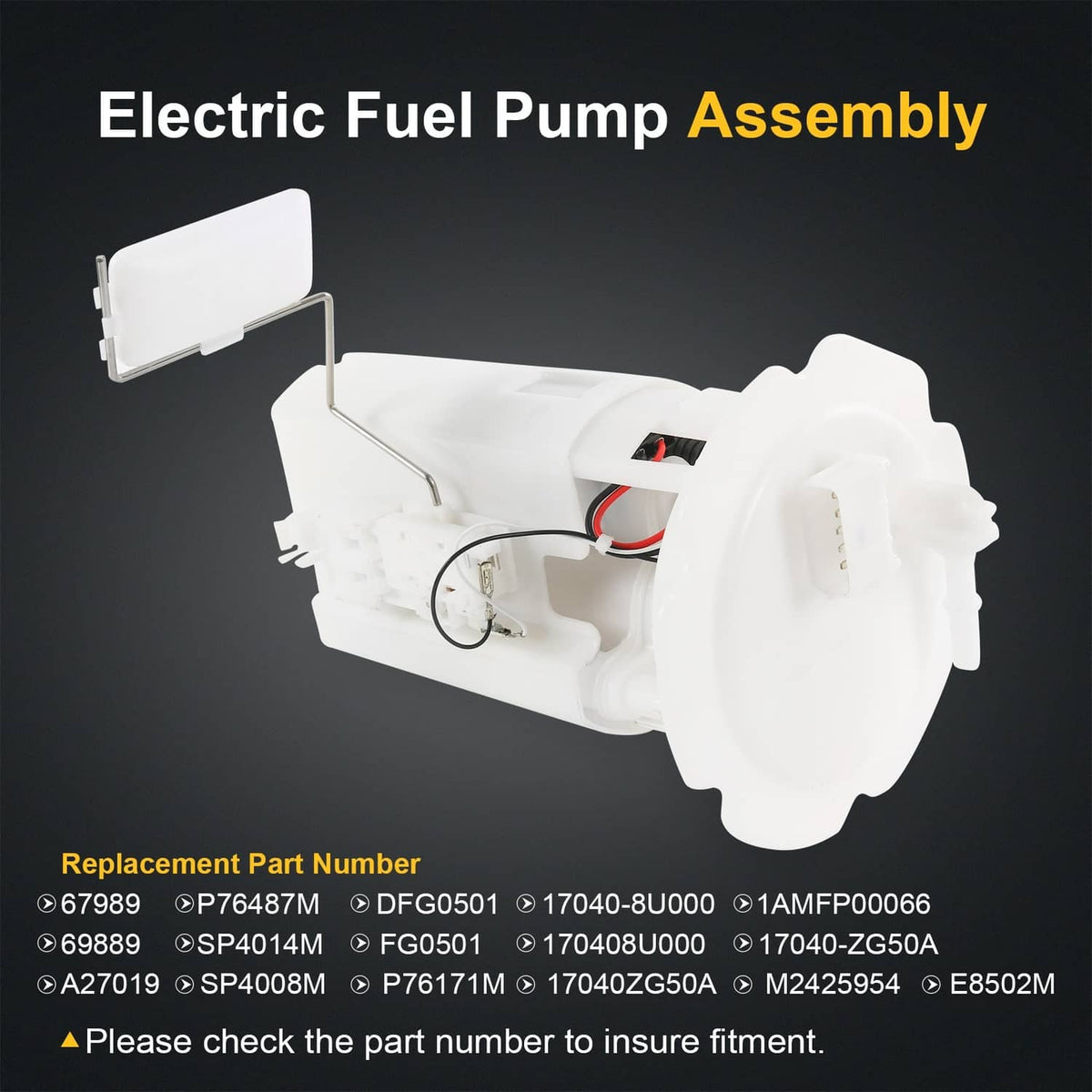 Electric fuel pump assembly in white plastic with fuel level float and terminals