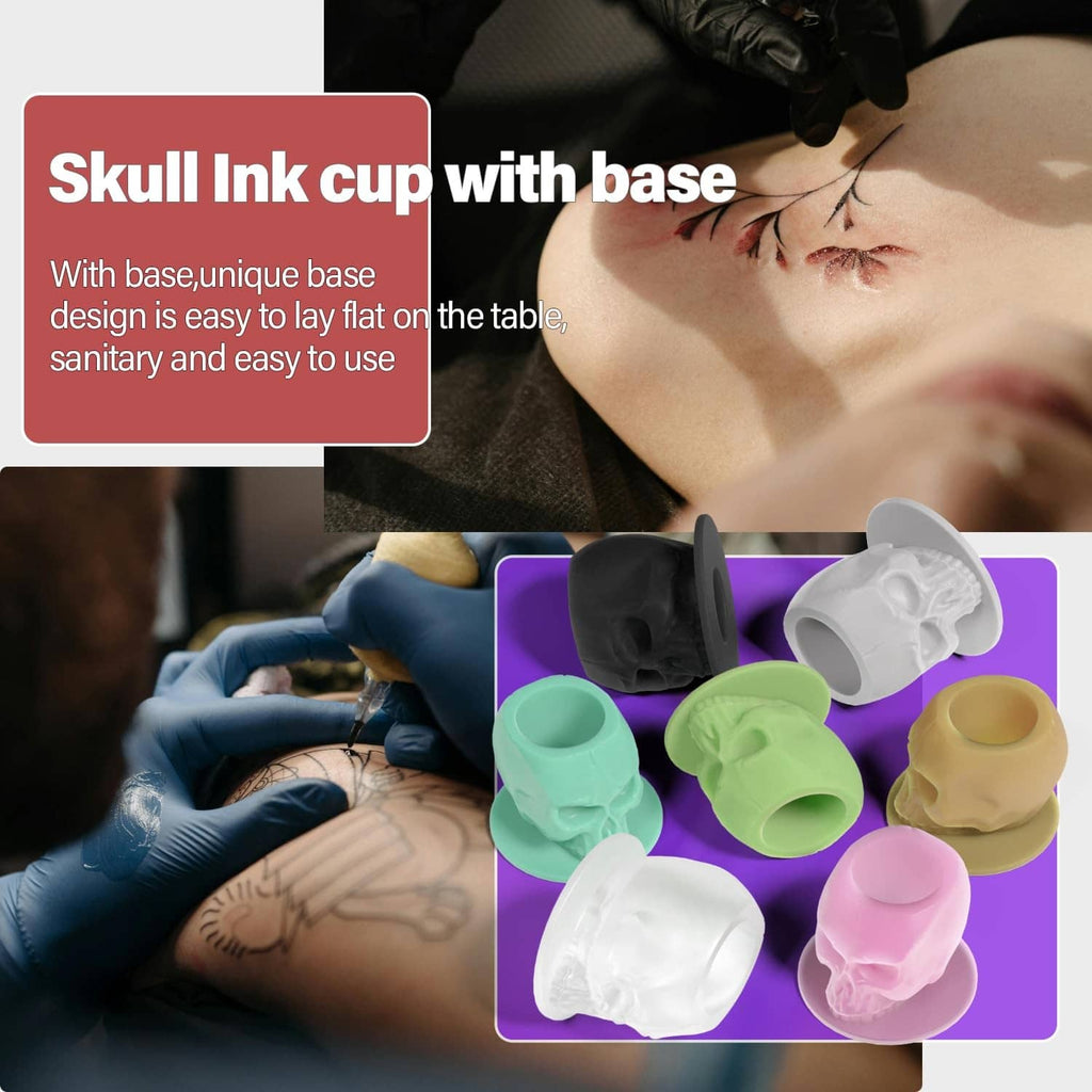 Assorted silicone tattoo ink cups with skull bases in pastel and dark colors.