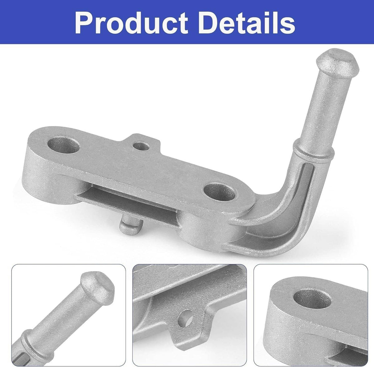 Exhaust bracket product detail: silver metal support bar with two round bolt holes and curved arm.