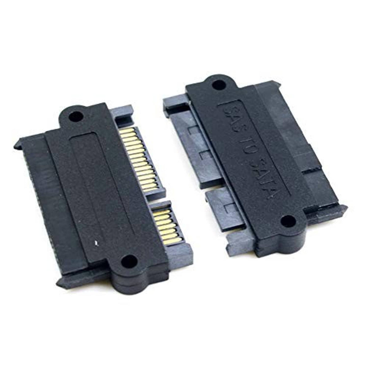 SAS to SATA adapter with black plastic housing and gold edge contacts, two pieces