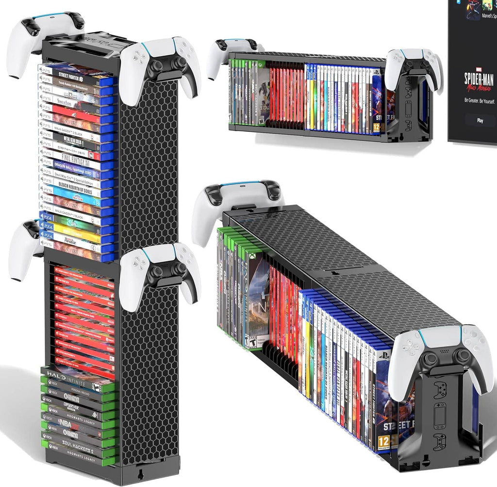 Universal game disc tower storage holder stand with controller grips and game cases