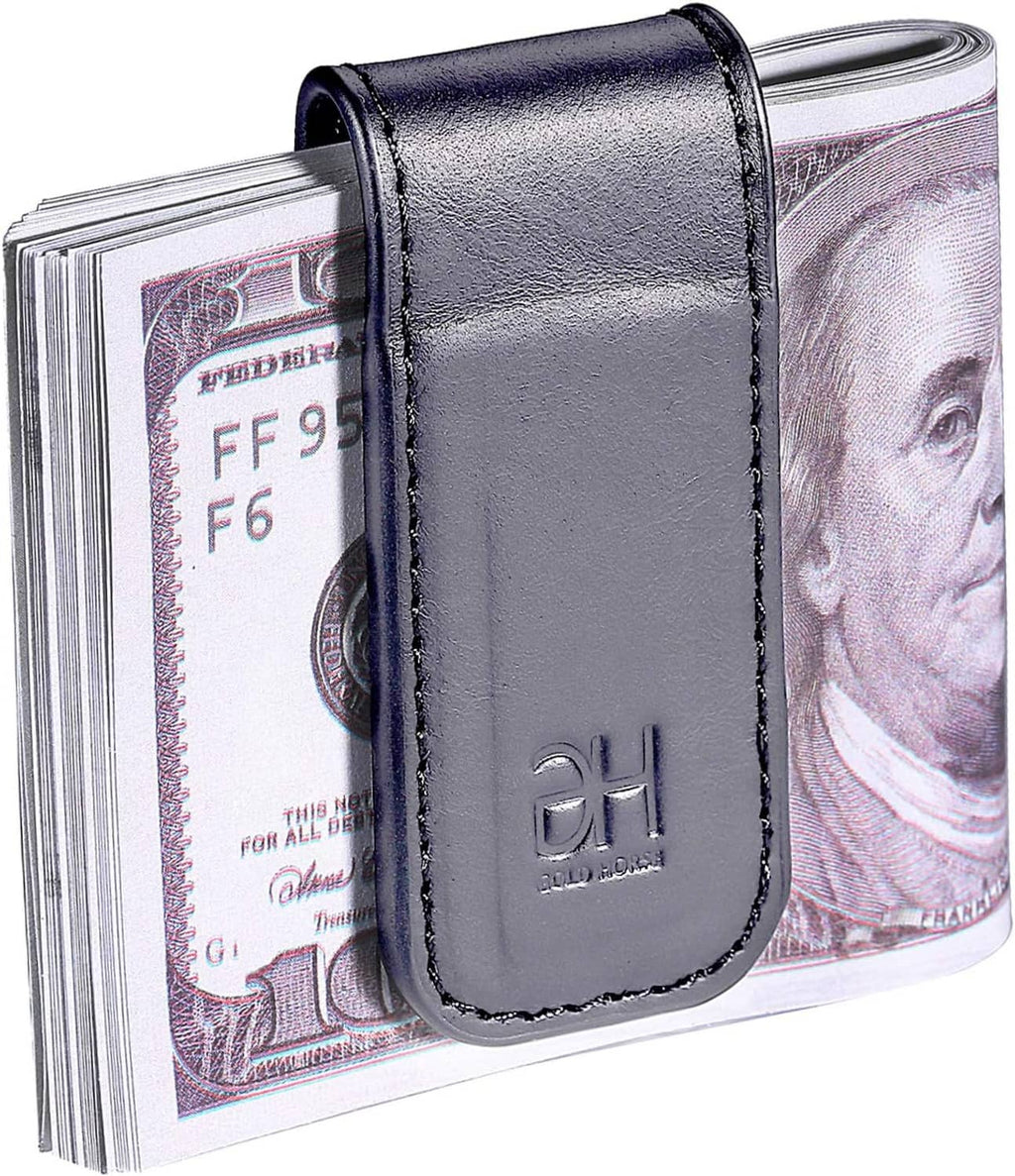 Grey leather magnetic money clip with stitched edges, holding stacked bills.