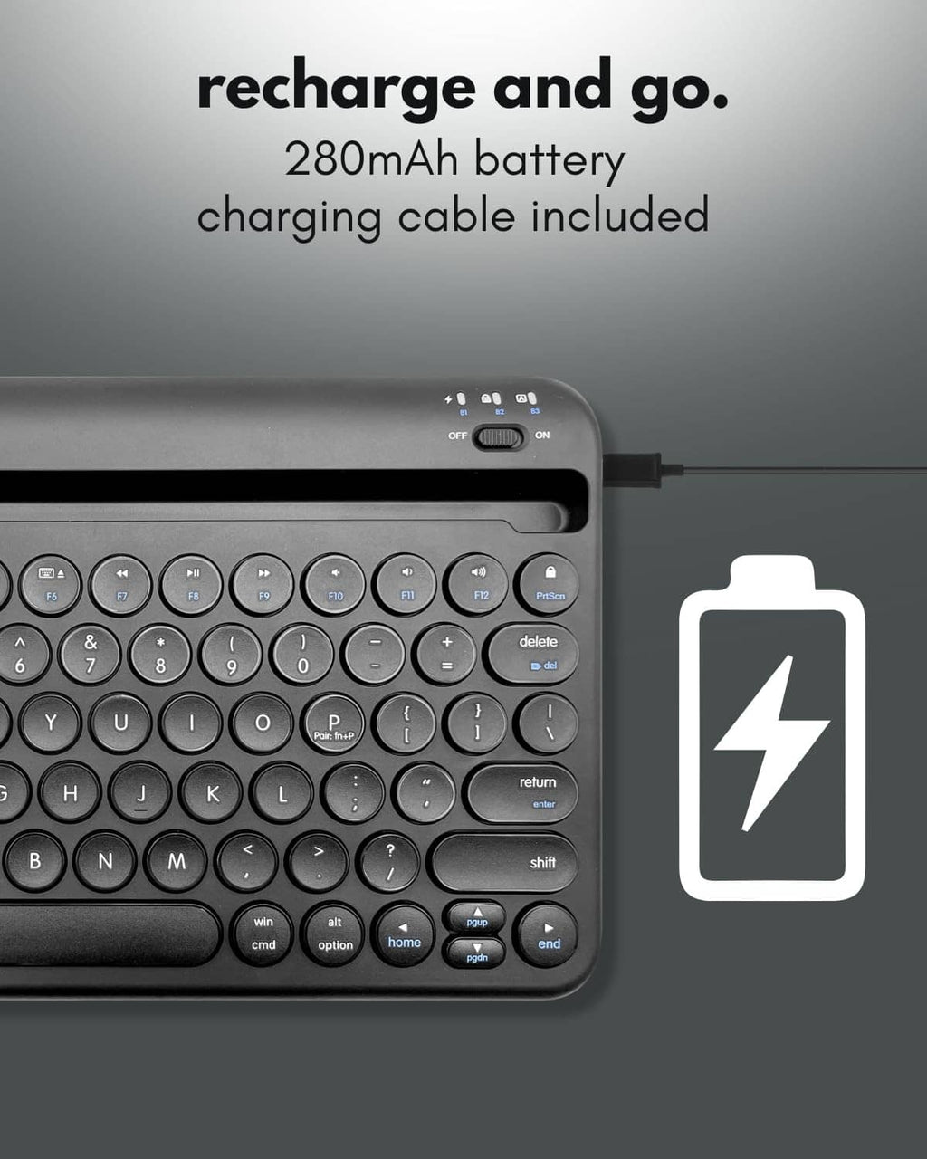 Black Bluetooth keyboard charging with cable connected and battery indicator