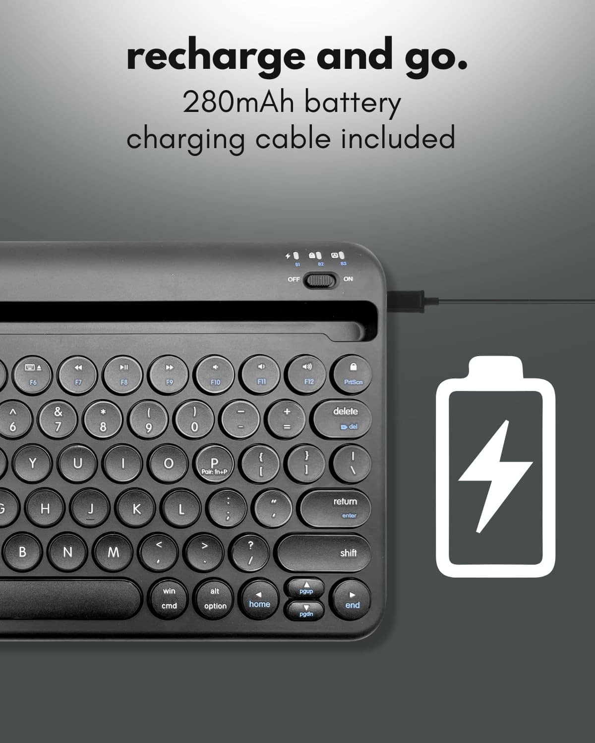 Black Bluetooth keyboard charging with cable connected and battery indicator