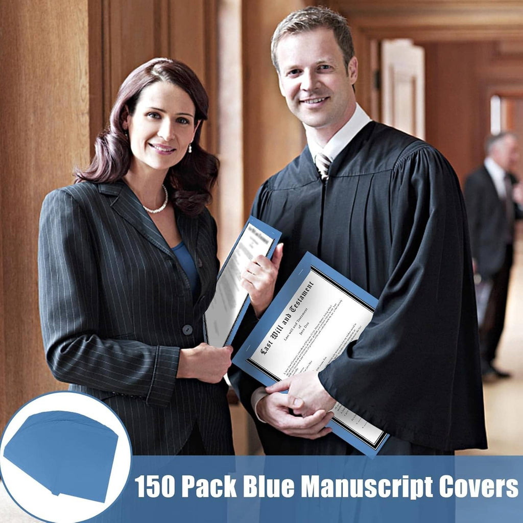 Blue manuscript cover paper held with legal documents by people in courtroom attire