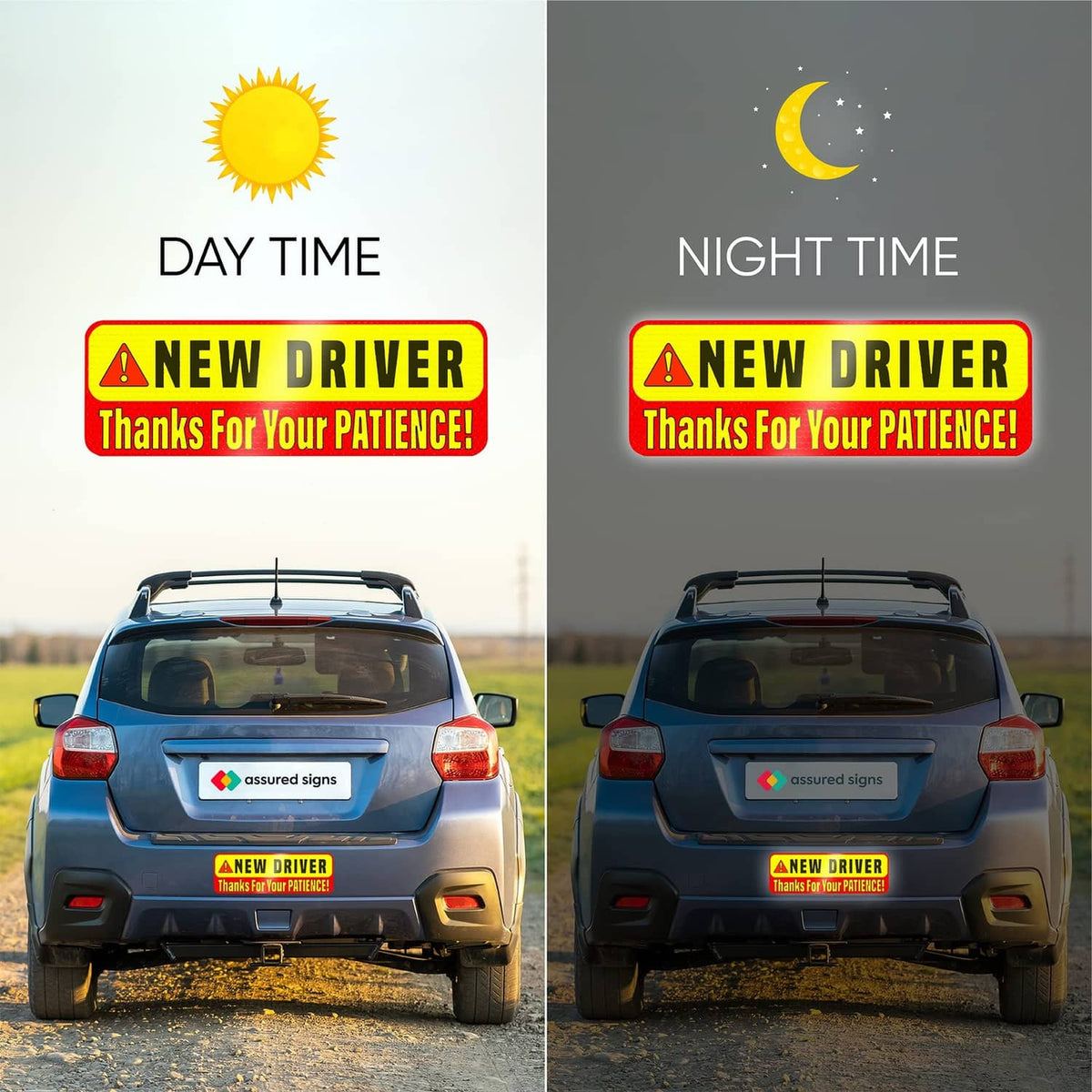 “New Driver” magnetic sign on the back of a car in day and night views.