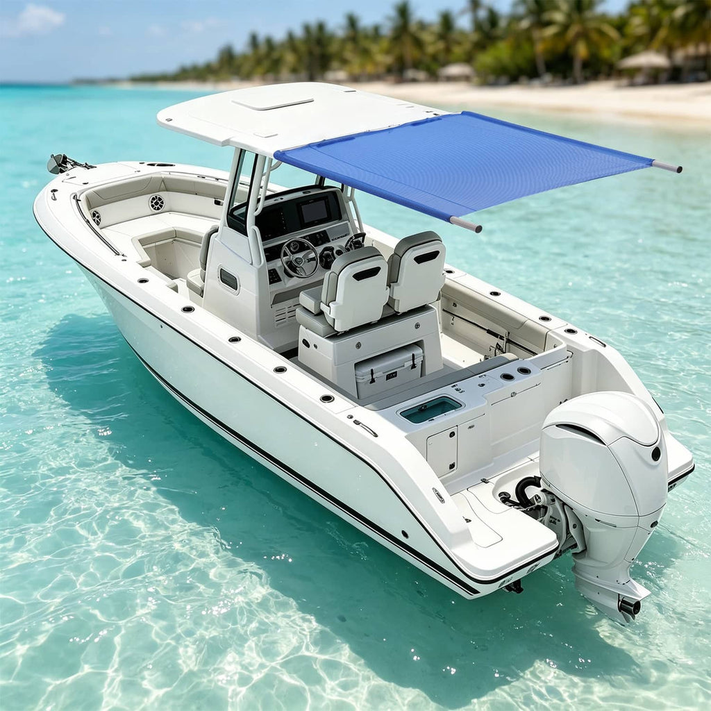 Blue boat sun shade mounted on a white center-console boat