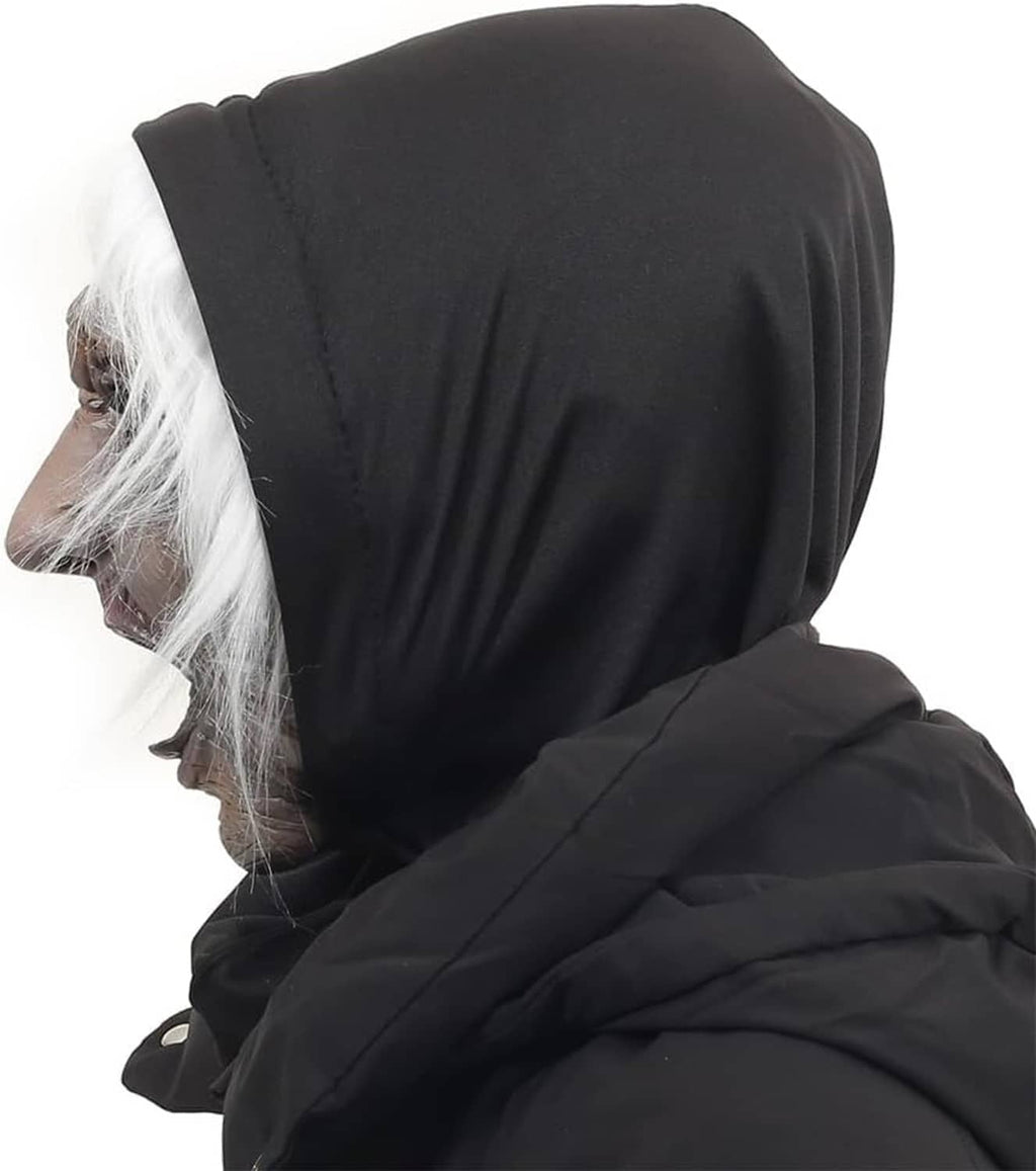 Halloween face mask showing white wig strands with black hood, side view
