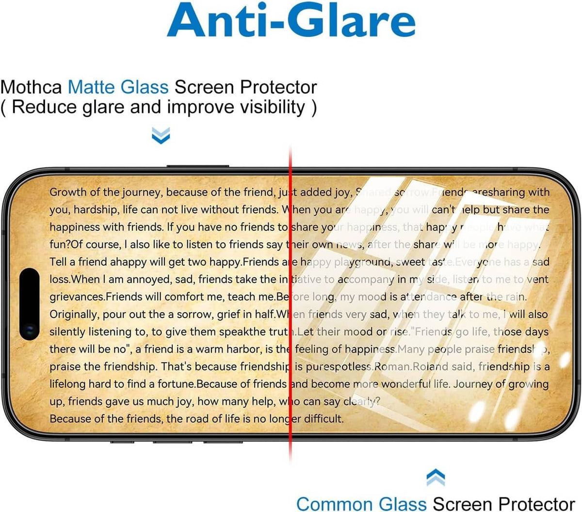 Matte glass screen protector on iPhone, reduced glare view