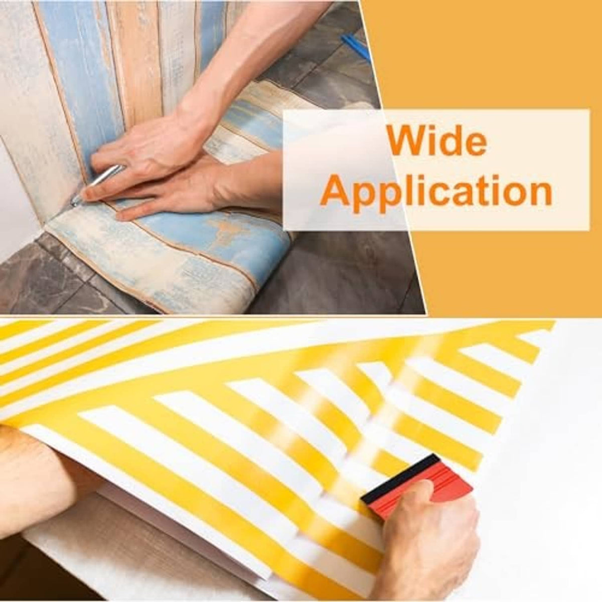 Squeegee tool smoothing vinyl film on a wall surface with a hand