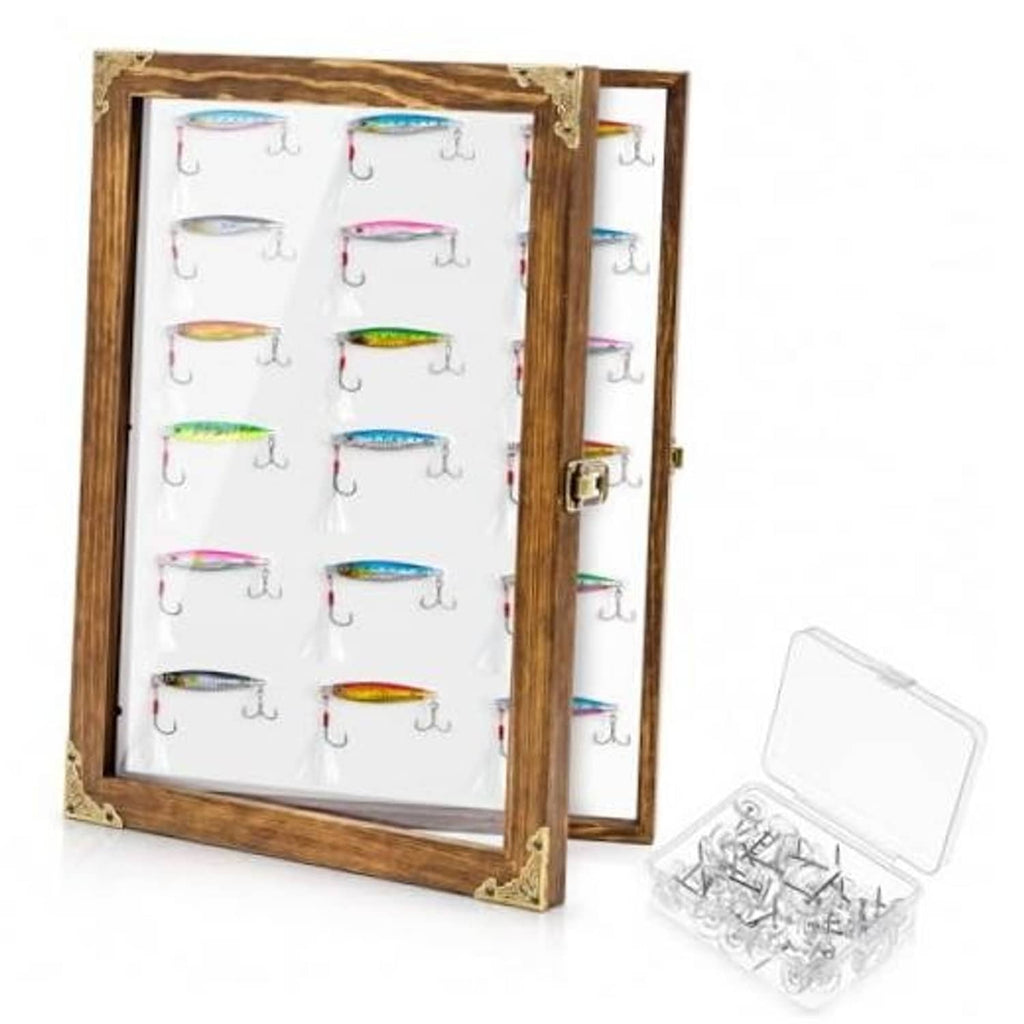 Wall-mounted fishing lure display case with rustic wood frame and clear front, open view