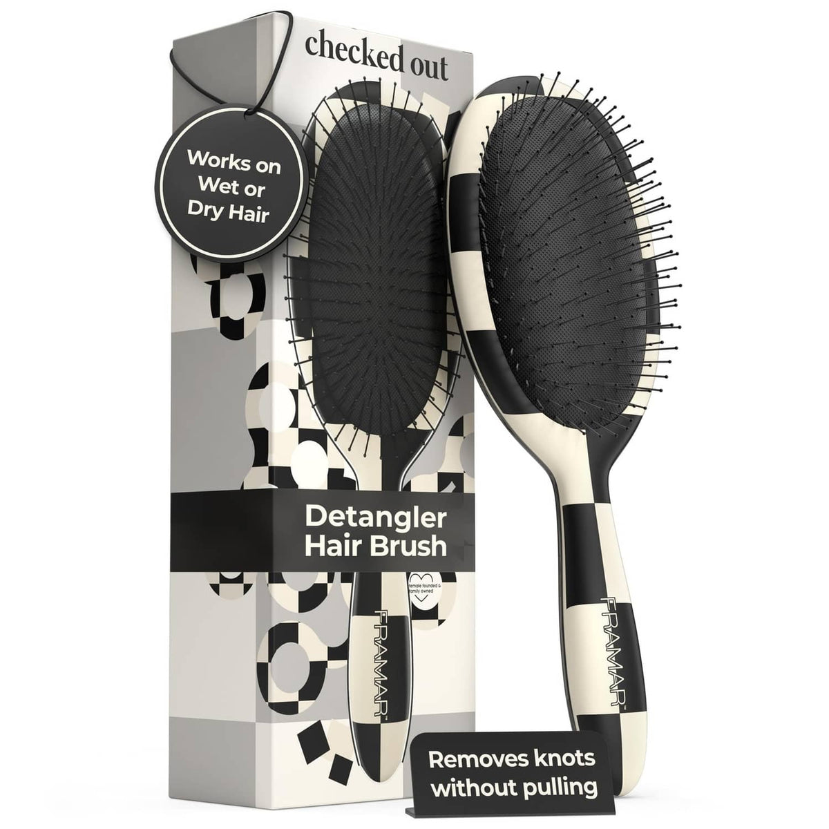 FRAMAR detangler hair brush with checkered cushion, black handle, in retail box