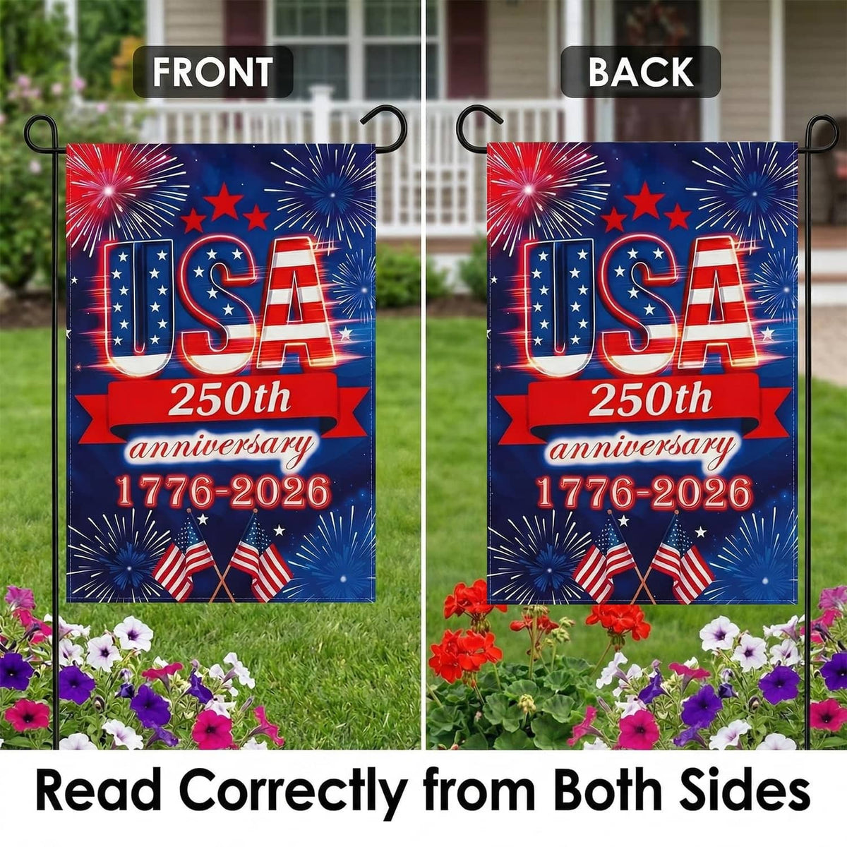 USA 250th anniversary garden flag showing front and back, fireworks and stars