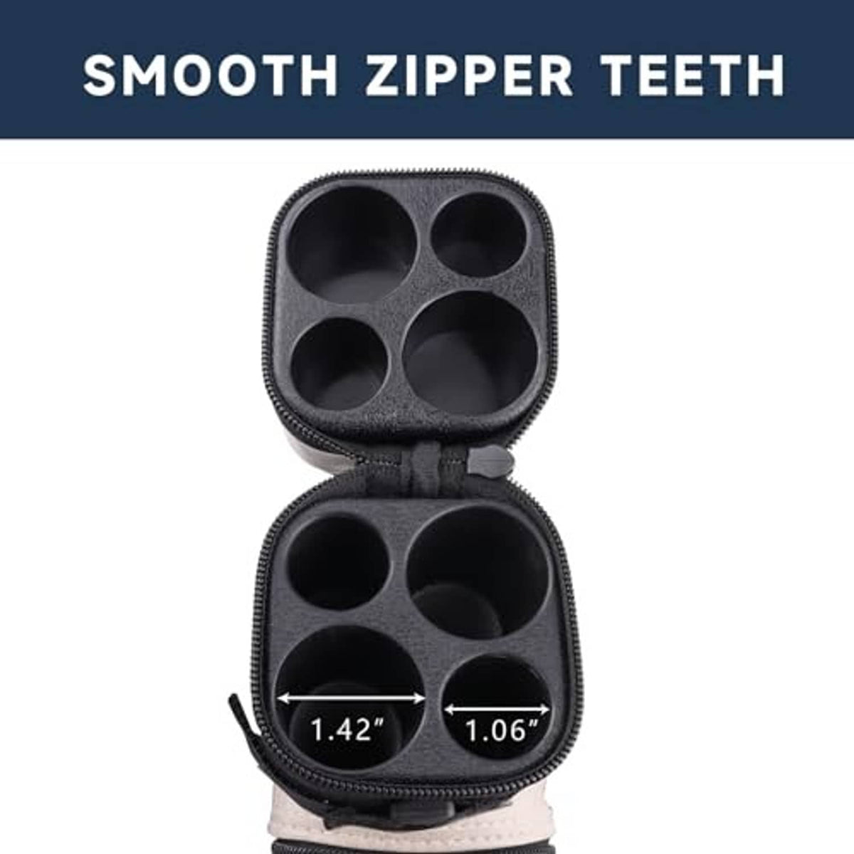 Zip-open black cue tip case insert with five circular slots for cue tips