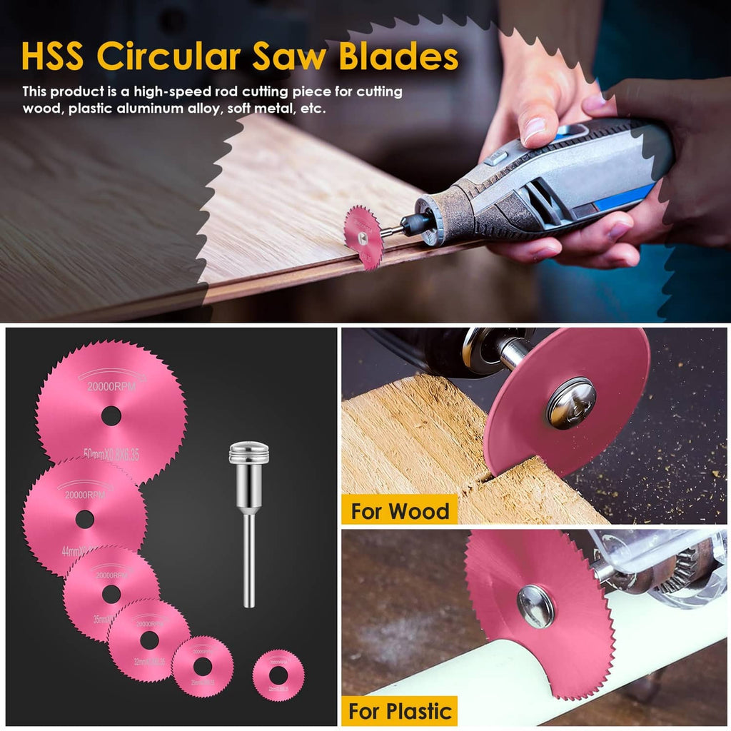 Pink circular cutting wheels attached to a rotary tool, cutting through material with sparks