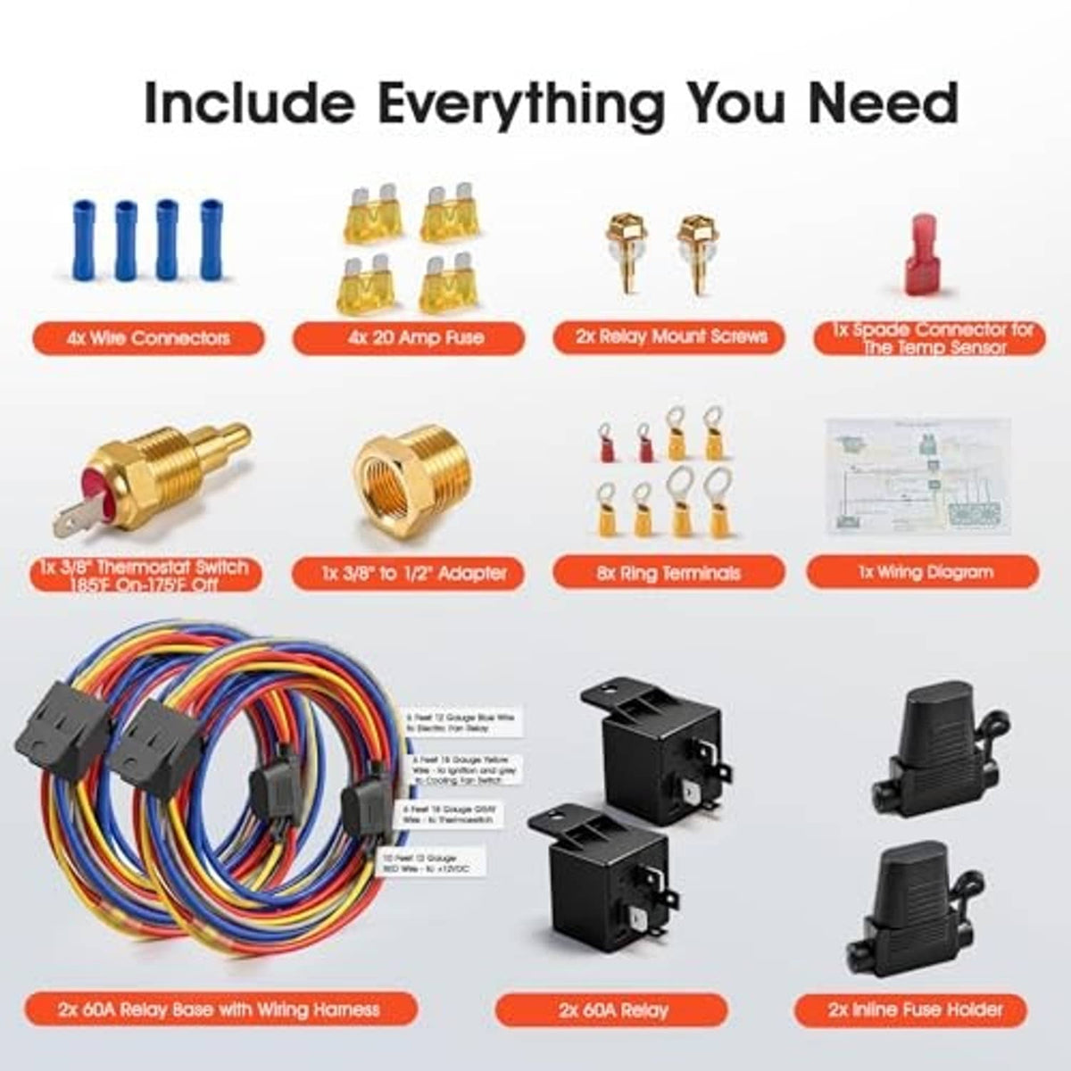 Electric fan wiring kit with relays, fuse holder, thermostat switch, terminals, and wiring diagram