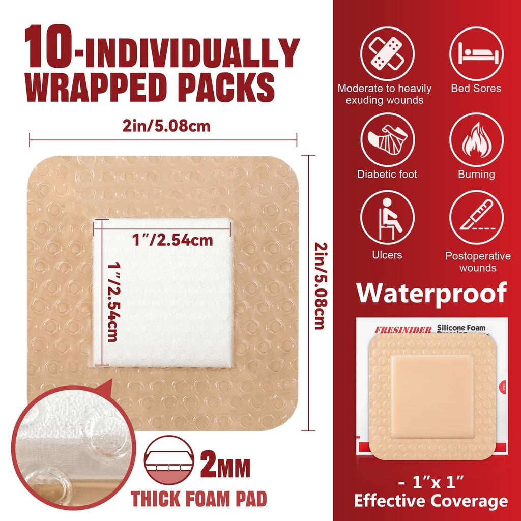 Beige 2 in. x 2 in. silicone foam dressing pad, 2mm thick, adhesive border