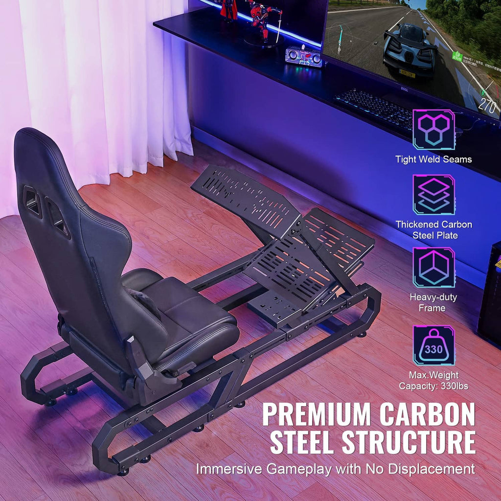 Black racing simulator steering wheel stand with seat and pedal platform, angled view.