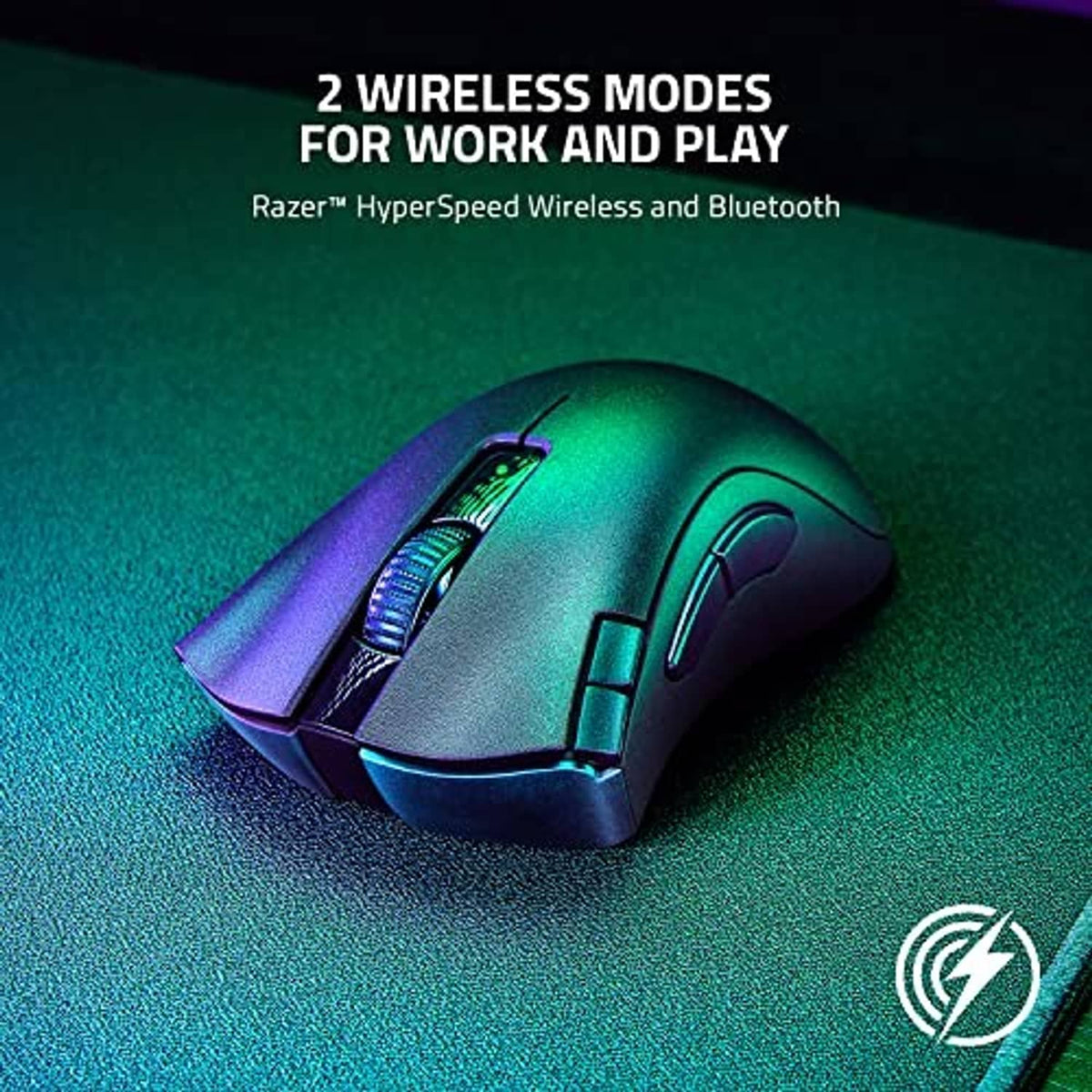Wireless gaming mouse with multicolor LED accent lighting on dark body