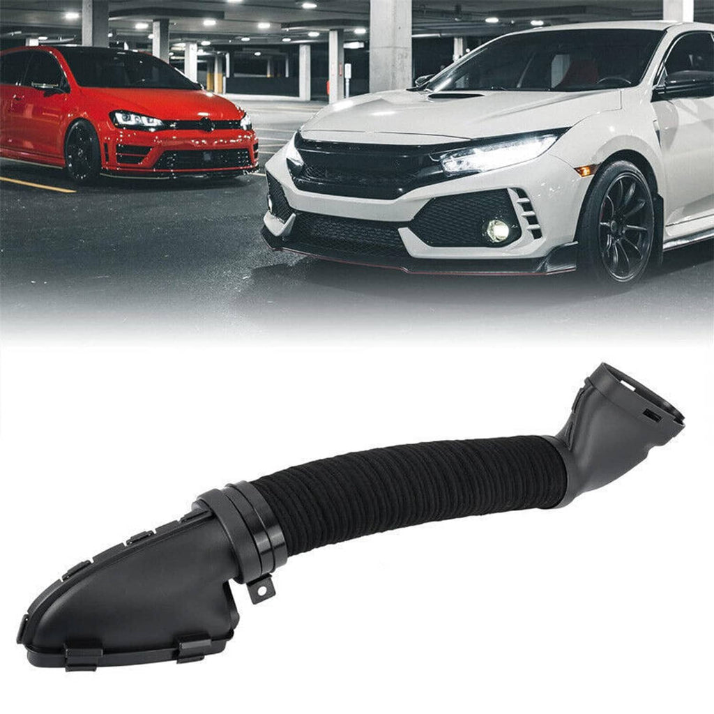 Black air intake hose tube with ribbed flexible section and molded intake flange