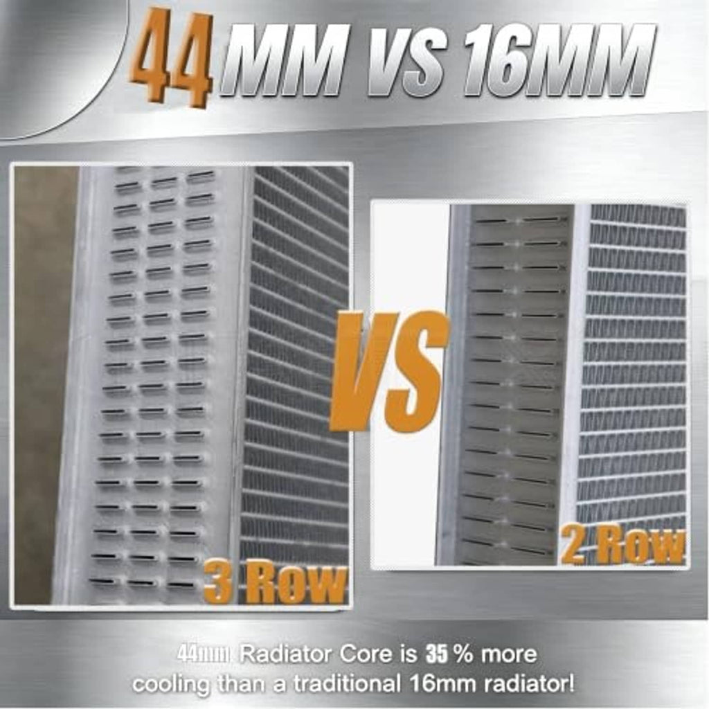 3-row vs 2-row radiator comparison showing louvered core and thickness difference
