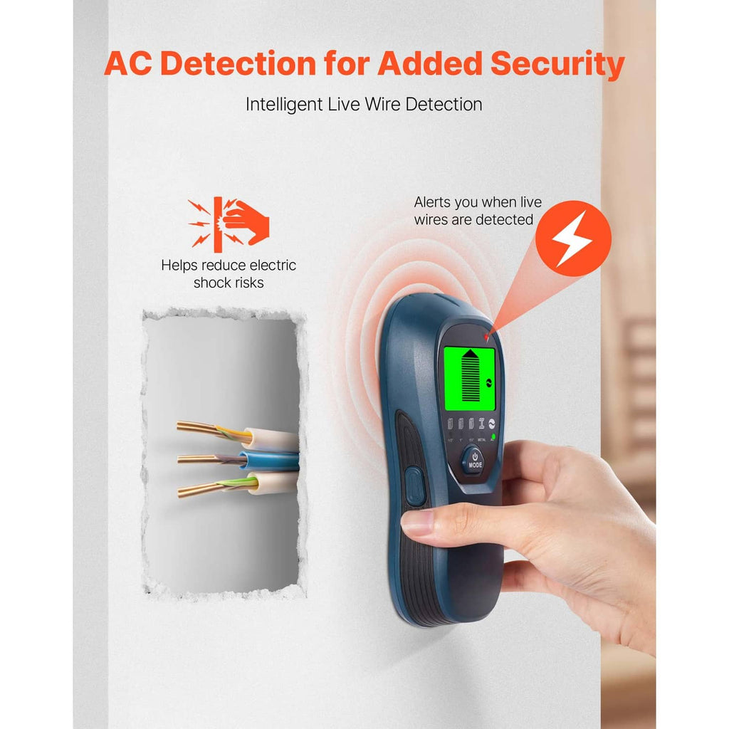 Hand holding blue electronic wall scanner with green LCD for AC wire detection