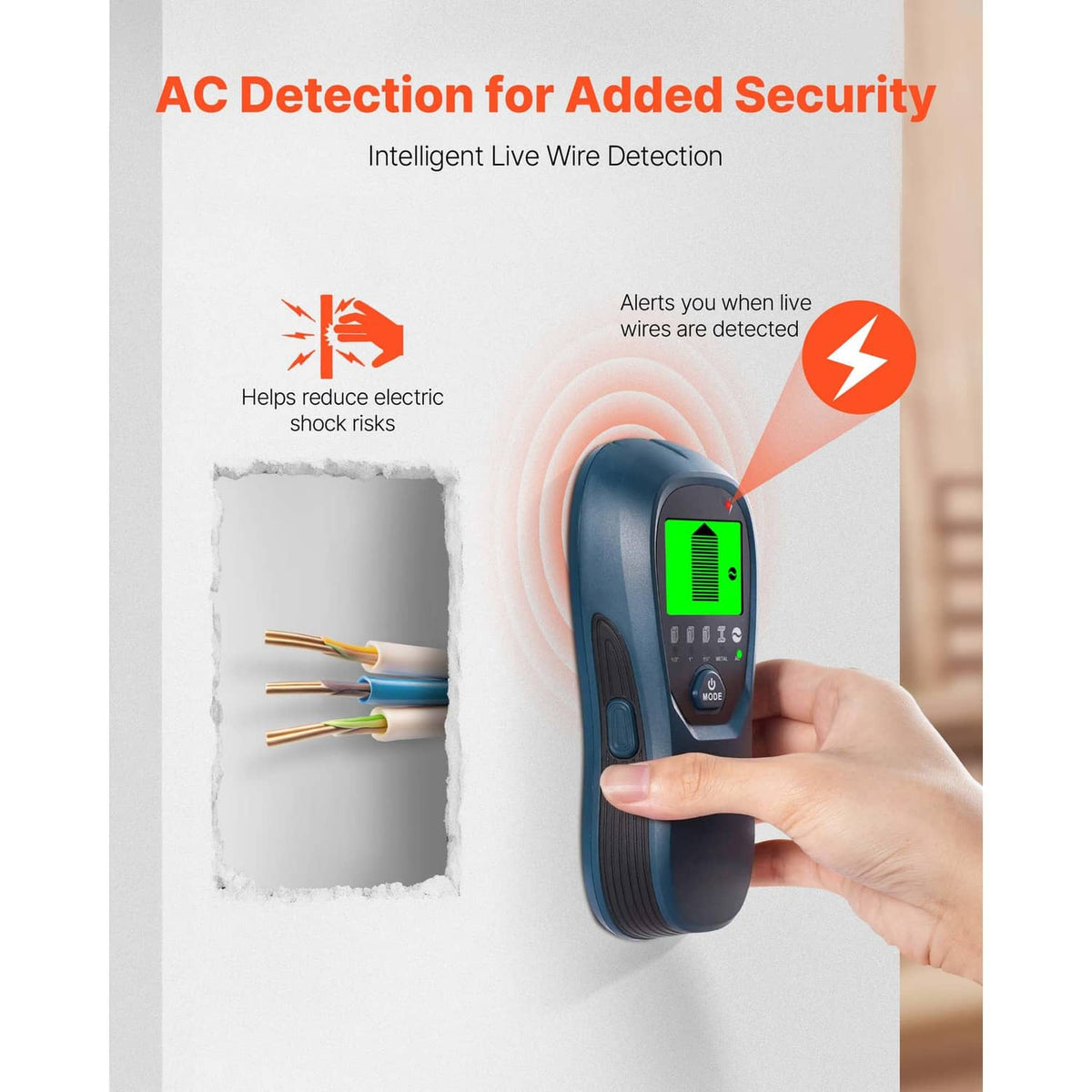 Hand holding blue electronic wall scanner with green LCD for AC wire detection