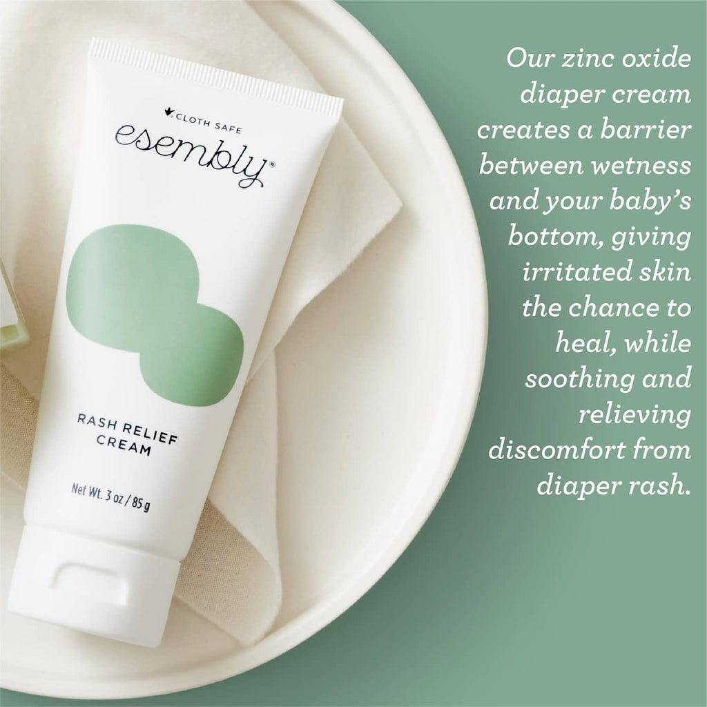 Esembly zinc oxide rash relief cream tube, white with green logo