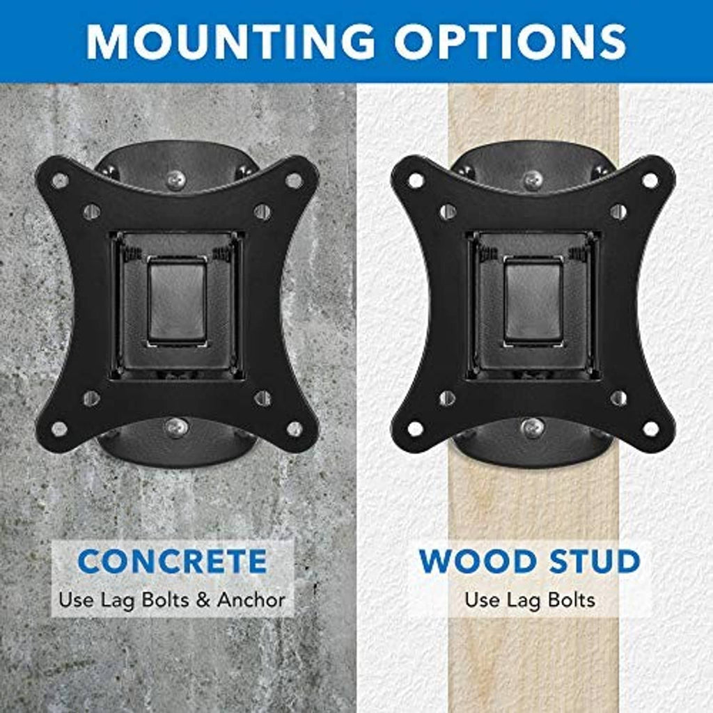Black tilt TV wall mount bracket with mounting options for concrete and wood stud