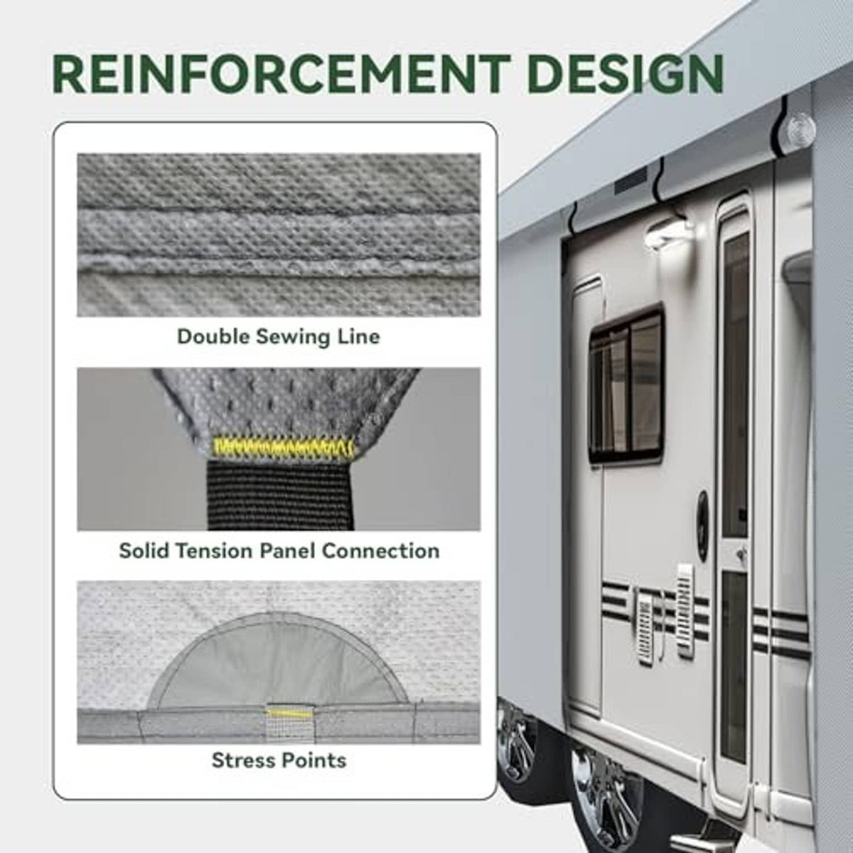5th wheel RV cover reinforcement with double stitching and panel connection areas